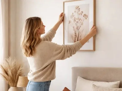 Klebestreifen für die Wand: Frau hängt ein gerahmtes Bild über dem Sofa auf
