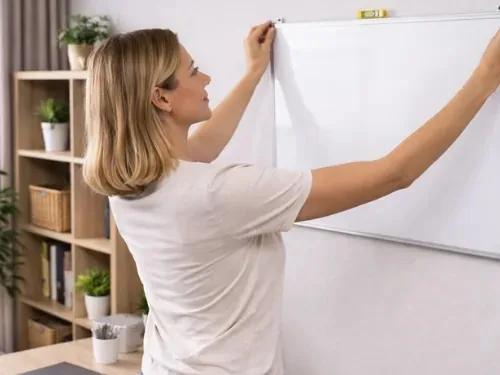 Frau hängt ein Whiteboard im Homeoffice auf