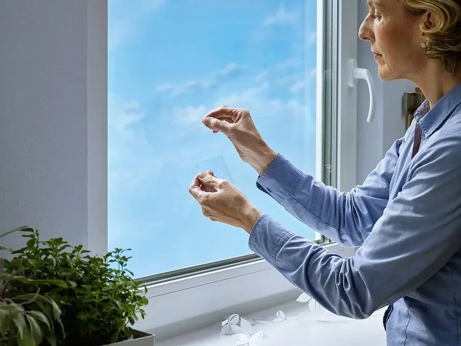 Frau klebt einen Klebenagel innen an die Fensterscheibe