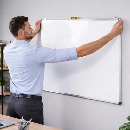 Mann hält ein Whiteboard an die Wand