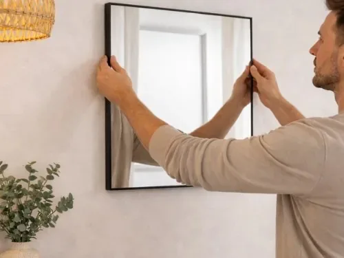 Mann hängt einen Spiegel mit schwarzem Rahmen an die Wand