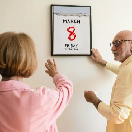 Paar hängt einen Kalender im Rahmen an die Wand