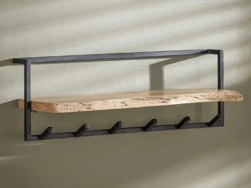 Wandregal aus Holz und Metall mit Haken