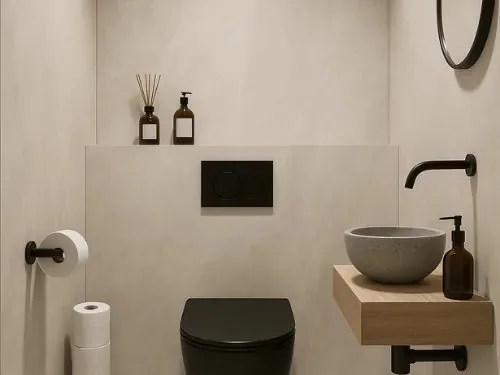 Gäste-WC mit schwarzem Toilettenpapierhalter ohne Bohren
